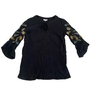 J. Jill Tunic XS Black Paisley Floral Embroidered Lightweight Travel 3/4 Sleeve